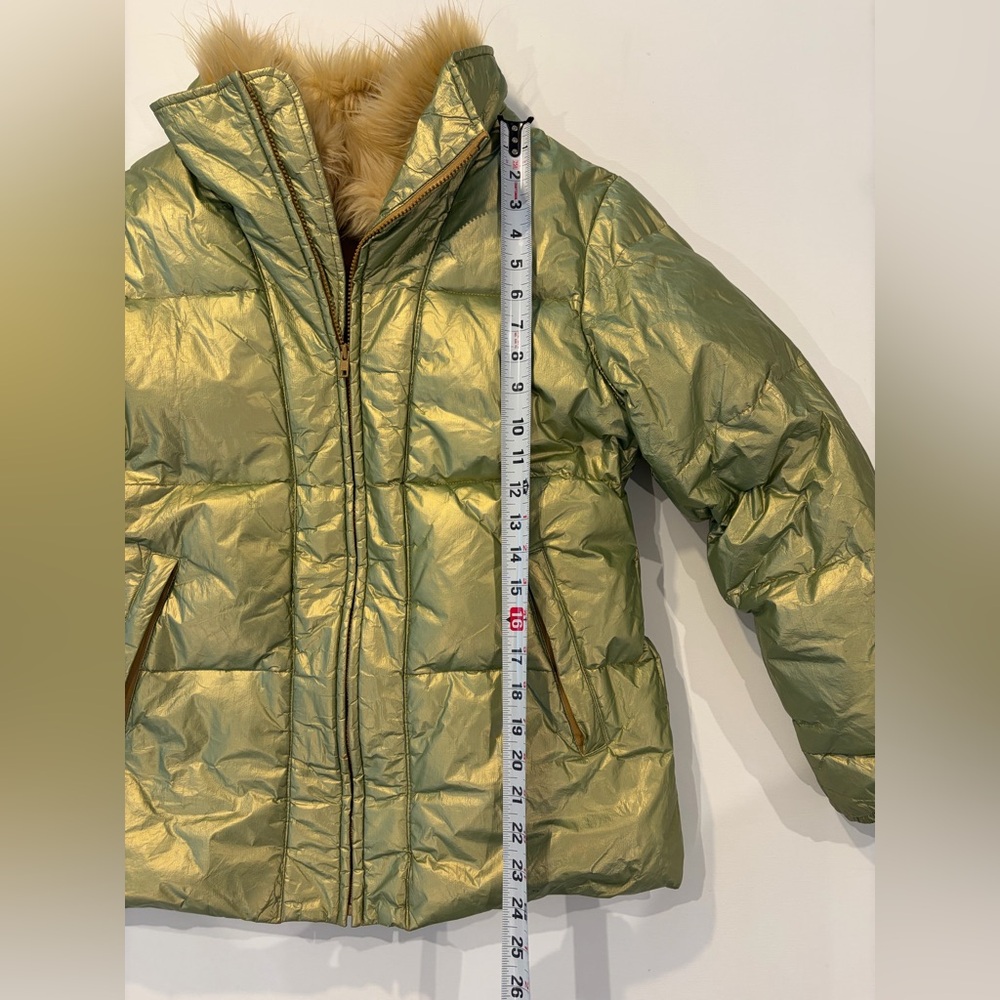 The Limited Down Puffer Liquid Green Gold Metallic Shimmer Jacket Fur Hood - Picture 2 of 16